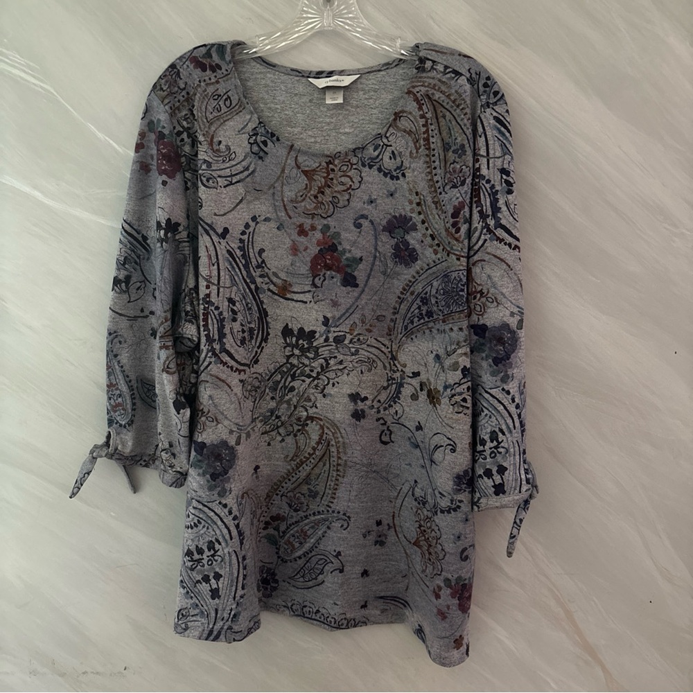 CJ Banks Women’s 2X Gray Multicolored Floral Artsy 3/4 Tie Sleeves Blouse